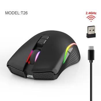 2400dpi 2.4 G belaidės pelės TIPAS-C įkrovimo sąsają septynių pagrindinių žaidimų pelės RGB šviesos skleidimo greito įkrovimo pelės