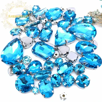 58pcs 10shapes 25sizes Sumaišykite Turkis mėlyna formos ir dydžių Stiklo Kristalų, cirkonio sidabriškai apačios 