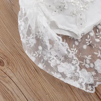 Baby Girl ' s Lace 3D Gėlių Siuvinėjimas Pearl Saldus Princesė Romper Baltas Kvadratas Apykaklės Falbala Plaukioja Rankovės Jumpsuit Drabužiai