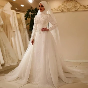 Balta/Dramblio Kaulo Vasaros Musulmonų Vestuvių Suknelės Moterims 2020 Ilgomis Rankovėmis Plius Dydis Drabužius, De Mariage Princesse Saudo Arabija Nuotakos Suknelė