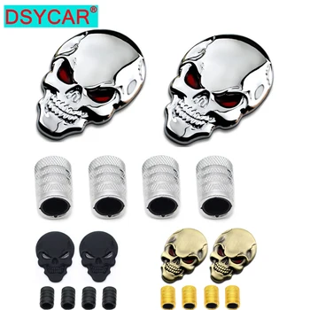 Dsycar 3D Metalo Kaukolės Galvą, Automobilių Ženklelis Emblema Lipdukas +4Pcs objektyvų žiedą Stiliaus Su Plastiko Core Vožtuvas Dangteliai, Universaliųjų Automobilių Stilius