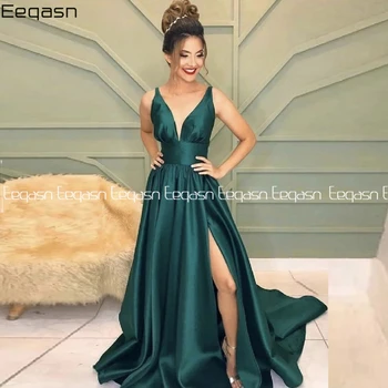 Eeqasn Elegantiška Linija, V Kaklo Smaragdas Žalia Ilgai Prom Dresses Ritininės Satino Moterų Oficialų Baigimo Vakarinę Suknelę 2020 Plus Size
