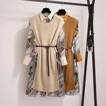 ICHOIX Žiemos dress moterų korėjos stiliaus megzti megztinis 2 dalių komplektas suknelė 2 gabalas komplektus, Biuro ponios Suknelė atsitiktinis marškinėliai suknelė