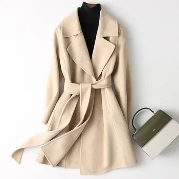Ilgais žiemos moterų paltas aukštos kokybės šiltas nekilnojamojo vilnos mišinys, paltai moterims, elegantiškas juostinės cardigan monto femme 2020 m.