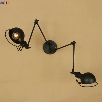 IWHD Juoda Ilgai Sūpynės Rankos LED Sienos Lempos Vintage 2 Vadovai Wandlamp Retro Laiptų Šviesos Loft Pramonės Edison Sienos Sconce Šviestuvas