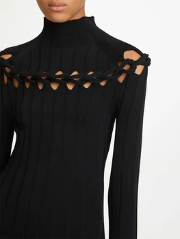 K&L Pusę aukšto kaklo ažūrinės figūrinių megzti megzti suknelę moteris rudenį 2020 naujas unisex minimalistinio stiliaus ilgomis rankovėmis stora midi sijonas