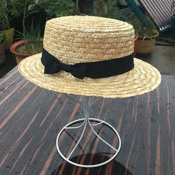 Kraštų Šiaudų Skrybėlę Vasaros Skrybėlės Mados Moterų Juostelės Paplūdimio Bžūp Vairininko Flat Top Saulės Pavėsyje Skrybėlę Kietas Kietas Lankas Panama Katės