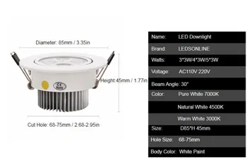 LED Downlight Pritemdomi Šiltai Balta Pobūdžio balta Vaiskiai Balta Įleidžiamas LED Lempos Vietoje Šviesos AC85-265V 9W 12W 15W Embedded Interjeras