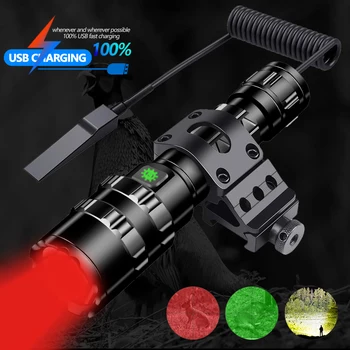 Medžioklės Žibintuvėlis Profesinis Taktinis LED Žibintuvėlis USB Įkrovimo atsparus Vandeniui Žibintuvėlis, Raudona/Žalia/ Balta L2 Skautų Šviesos