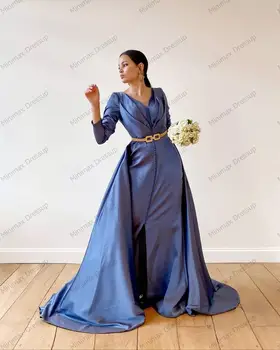 Minkštas Taftos-line Maroko Kaftan vakarinę Suknelę V-Kaklo, ilgomis Rankovėmis Musulmonų ypatinga Proga-Suknelė Saudo Arabija Suknelė فستان المس