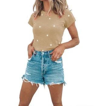 Moterų Atsitiktinis marškinėliai Vasaros Trumpas Rankovės vientisos Spalvos Tees Viršūnes Mados O-kaklo Star Spausdinti Slim Moterų Drabužius T Shirts 2020 Naujas