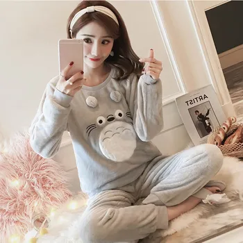 Moterų Pižama Nustatyti, Žiemą Šilta Animacinių Filmų Naktiniai Drabužiai Ilgomis Rankovėmis Mielas Sleepwear Atsitiktinis Homewear Moteriškos Pižamos Totoro Pijama Mujer