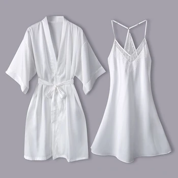 Naujas Moterų Šilko Skraiste Suknelė Nustatyti Vasaros Seksualus Nėriniai Moterų Sleepwear Suknelė Elegantiškas Moteris Pižama Atsitiktinis Chalatas Rinkiniai