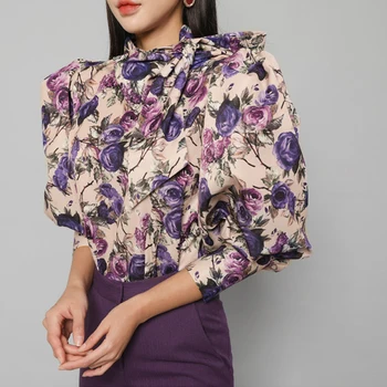 NWinter Elegantiškas Lankas Juostelės Palaidinės Moterims 2019 Naujų korėjos Stiliaus Gėlių Gėlių Marškiniai OLIS Office Dėvėti Apynasrio Darbo Viršūnių