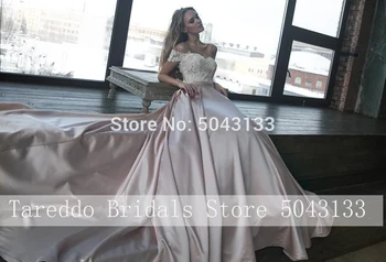 Off Peties Elegantiškas Satino Vestuvių Suknelės Romantiška Nėrinių Aplikacijos Oficialų Nuotakos Suknelė su Rankovėmis Ilgai Traukinio Nuotakos Suknelė 2021