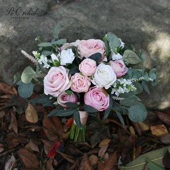 PEORCHID Romantiška Eukalipto Rose Nuotaka gėlių Puokštė Dirbtinis Europoje Stiliaus Dulkių Rožinė Vestuvių Puokštės Buque De Noiva