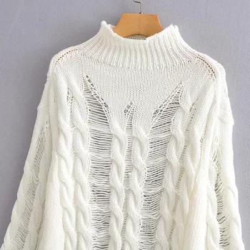 Rudenį ir žiemą moterų atsitiktinis megztinis vientisų spalvų aukšta apykakle ilgomis rankovėmis tuščiaviduriai dizaino megztinis