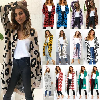 Rudenį Naujų Moterų Leopard Laisvalaikio Ins Stiliaus Megzti Ilgas Megztinis Ilgomis Rankovėmis Megztinis, Paltas Moteriška Lady Outwear Paltai