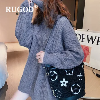 RUGOD korėjos Tingus Stiliaus Twist Puloveris Moterų Mados Golfo Negabaritinių Šiltų Megztinių Rhombus Modelis Žiemos Megztiniai