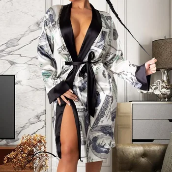 Seksualus Pinigų Spausdinti Satino Chalatai Moterims Sleepwear Naktį Suknelė Namų Drabužių, Chalatas, Pižama Ištaigingas Dėvėti Kimono Pižamą