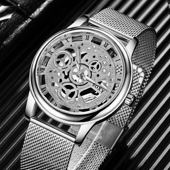 SOXY Deluxe Tuščiaviduriai Laikrodis, vyriški Žiūrėti Kvarcas Nerūdijančio Plieno Dirželis Laikrodis Reloj Hombre Vyrų Laikrodžiai Relogio Masculino