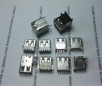 USB A female lizdas jungtys 90 ar 180 laipsnių kampu / SMD / Pusė įterpti / Suvirinimo vielos tipas (dviaukštis)