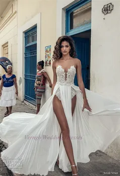 Verngo Seksualus Brangioji Karoliukai Vestuvių Suknelė, Paplūdimio Vestido de novia 2020 m. Aukštos dvipusės Ritininės kilimo ir tūpimo Tako Ilgio Šifono Nuotakos Suknelė